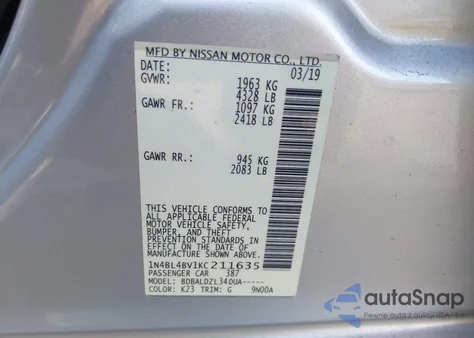 2019 Nissan Altima 2.5 S z USA, uszkodzony, nr VIN 1N4BL4BV1KC211635